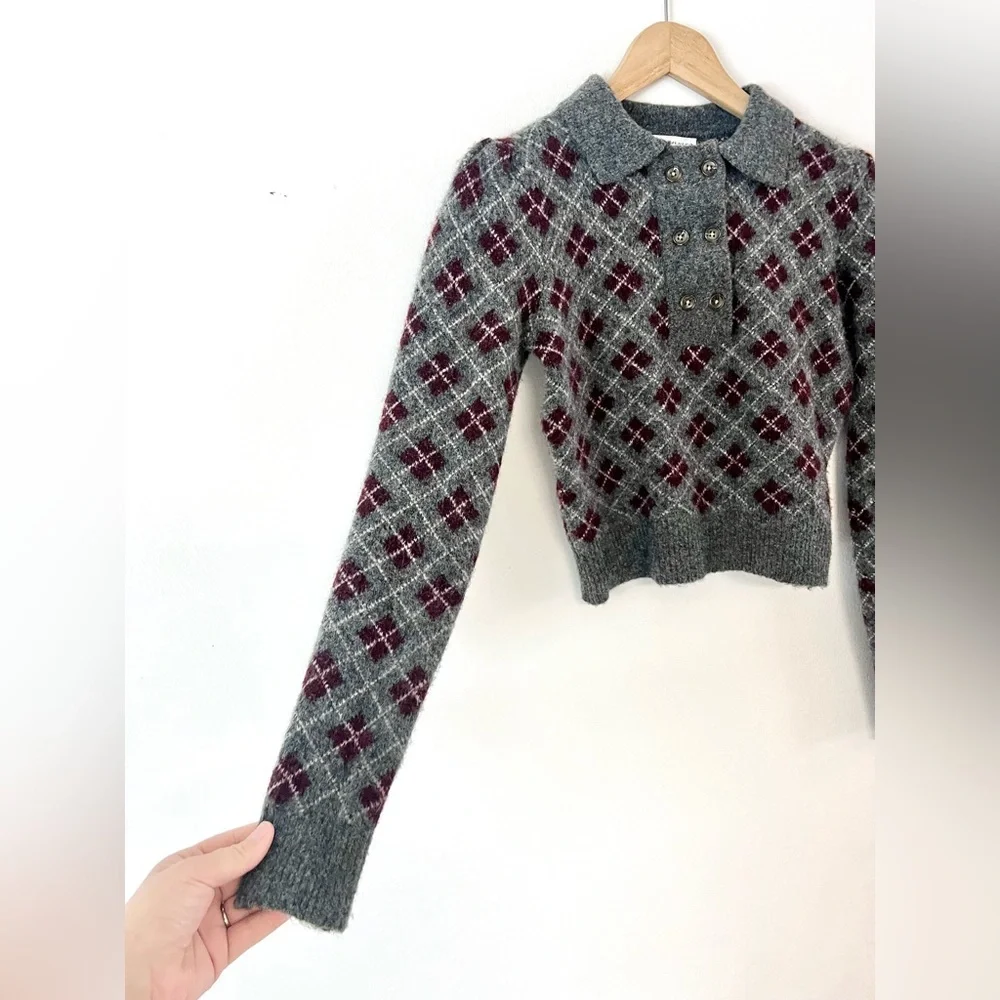 Zara Gray Knit Argyle Shorts & Long Sleeve‎ Collared Top Wool Blend Set Size S/M